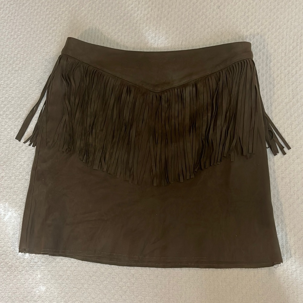 Army Green Suede Fringe Mini Skirt